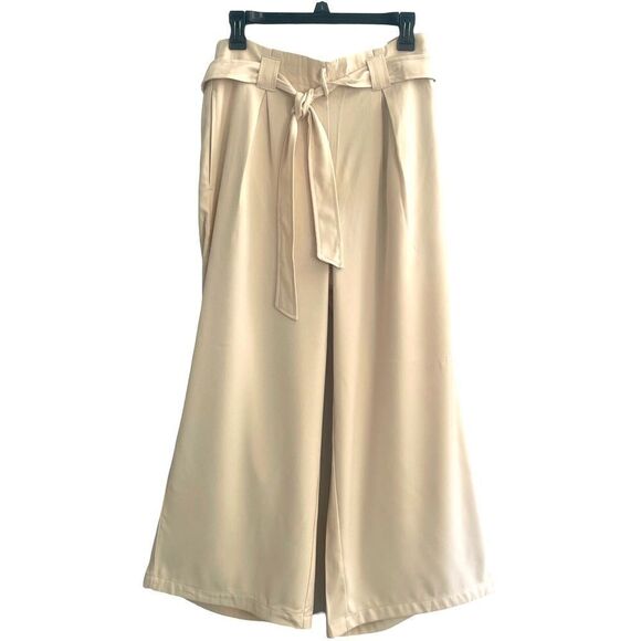 Max Studio Women’s Twill Cropped Paper Bag Waist  Wide Leg Sz:Large Color: Paper - Picture 1 of 9